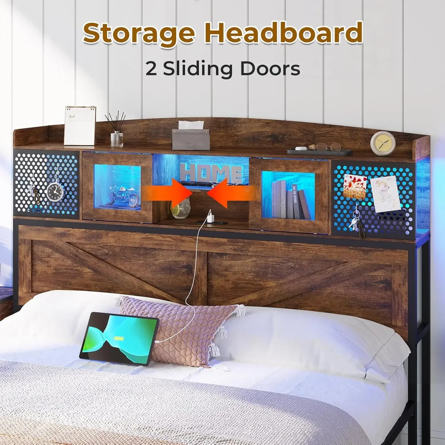 Bed Frame with Headboard Storage & Charging Station, LED Bed Frame Full/Queen/King Size with Shelves & Sliding Doors