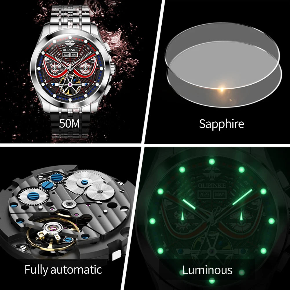 OUPINKE 3250 Hollow Skeleton Mechanical Watch For Men Auto Date Original Fashion Wristwatch Deep Waterproof Luminous Man Watches Brief Boxers