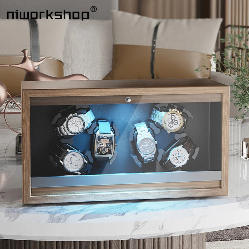 Automatic Watch Winder,6 Slots Wooden Watch Storage Cases with Quite Motor,LED Light,Flexible Pillows For MenAnd Women's Watches Brief Boxers