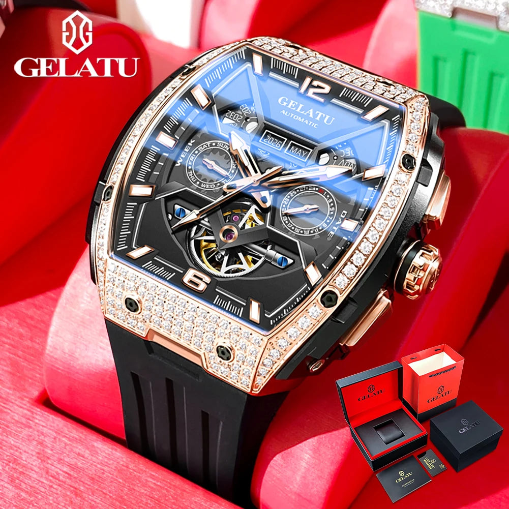 GELATU 6016 Diamond Hollow Man Mechanical Wristwatch Auto Date Deep Waterproof Watch For Men Luxury Silicone Strap Dress Watches Brief Boxers