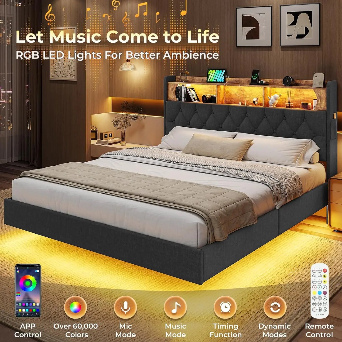 Floating Bed Frame, Floating Platform Bed with Charging Station with LED Lights & Storage Headboard, Modern LED Floating Bed