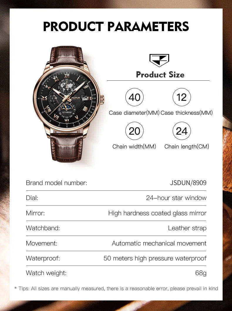 JSDUN 8909 Top Brand Mechanical Watch For Men 24 Hours Display Original Wristwatch Moon Phase Waterproof Classic Man Watches Brief Boxers