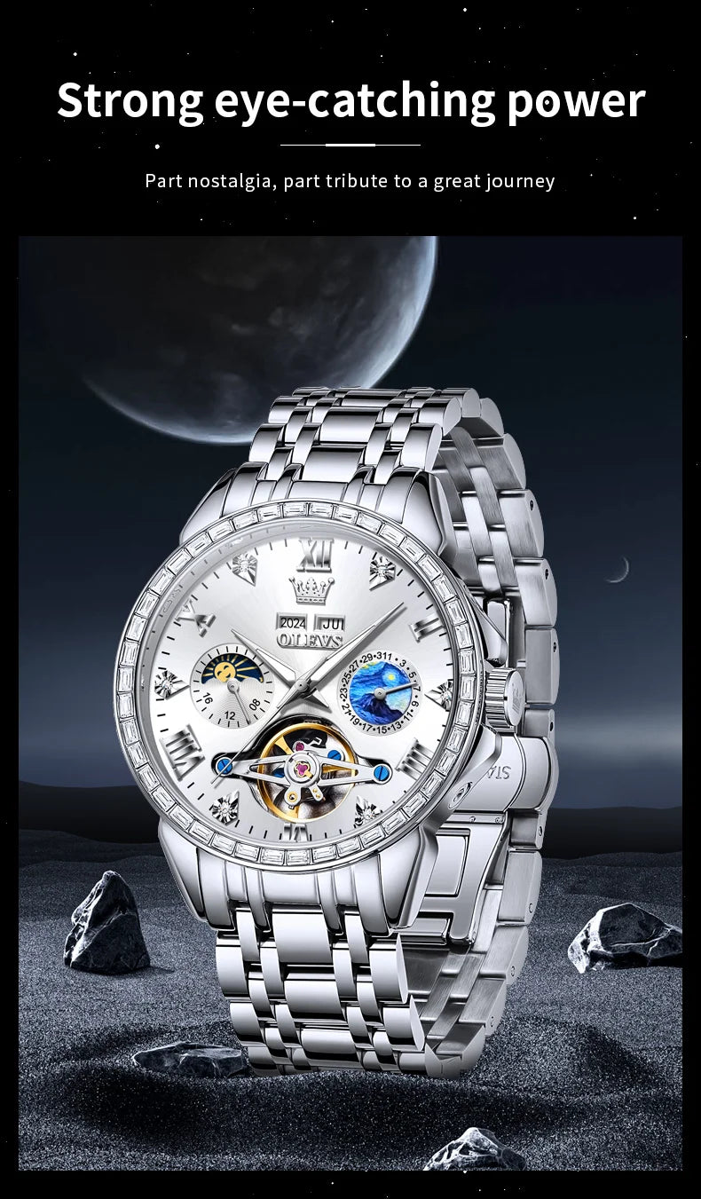 OLEVS 6712 Original Moon Phase Men Automatic Watch Hollow Skeleton Date Mechanical Watch For Men Waterproof Luxury Wristwatch Brief Boxers