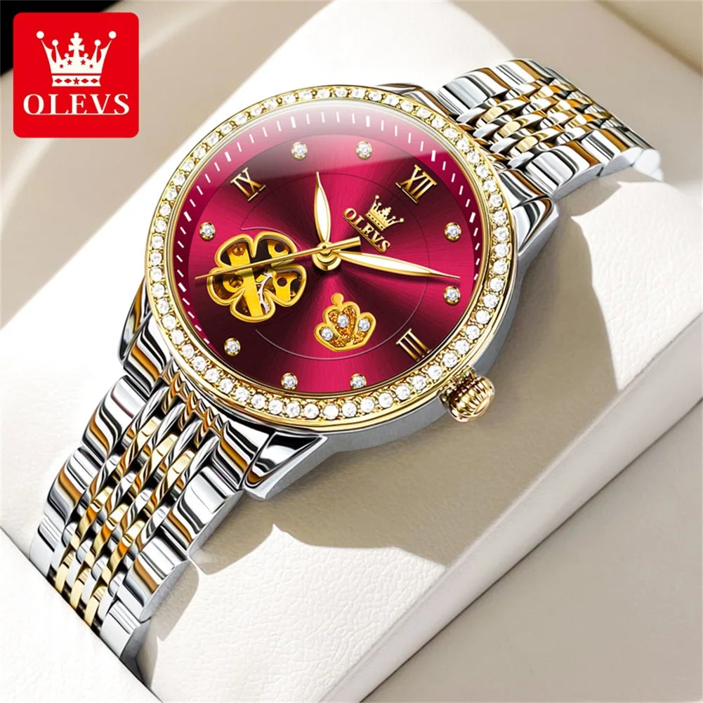 OLEVS 6706 Diamond Scale Luxury Woman Automatic Watch Hollow Mechanical Luminous Watch For Women Classic Waterproof Wristwatch Brief Boxers