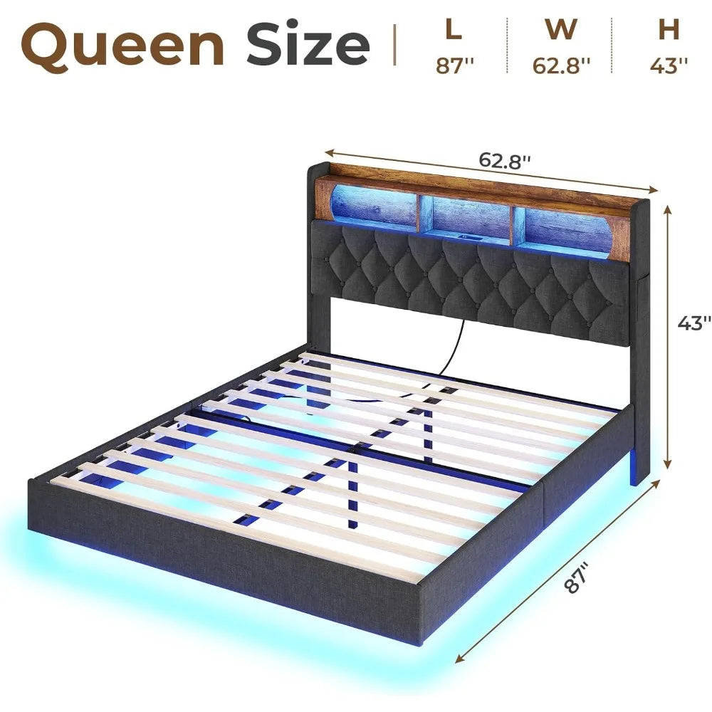 Floating Queen Bed Frame with LED Lights & Storage Headboard, Leather Upholstered Floating Platform Bed with Charging Station