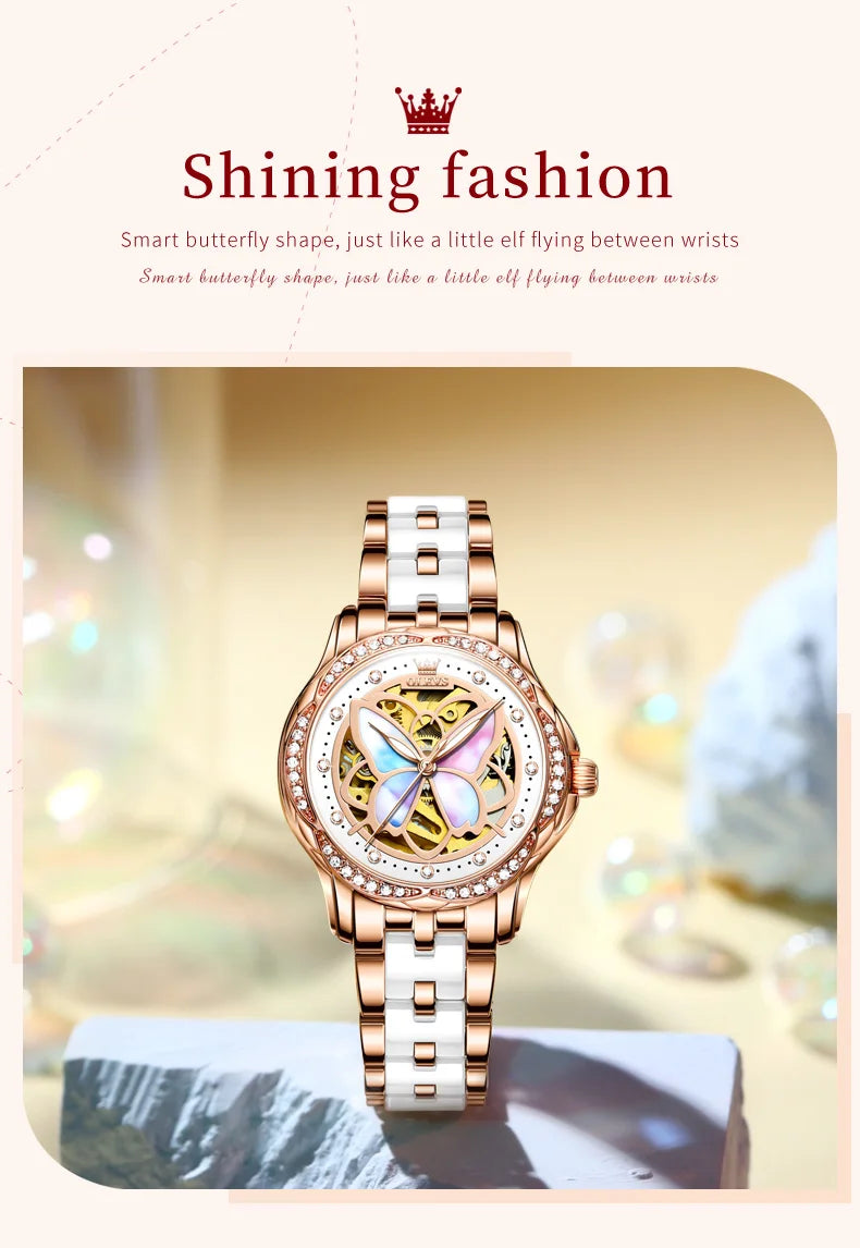 OLEVS 6615 Hollow Dress Mechanical Watch For Women Butterfly Dial Luminous Fashion Wristwatch Deep Waterproof Woman Watches Brief Boxers