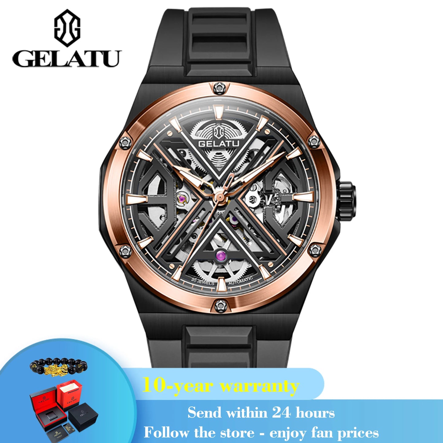 GELATU 6006 Original Deep Waterproof Man Mechanical Wristwatch Hollow Skeleton Sapphire Mirror Luxury Automatic Watch For Men Brief Boxers