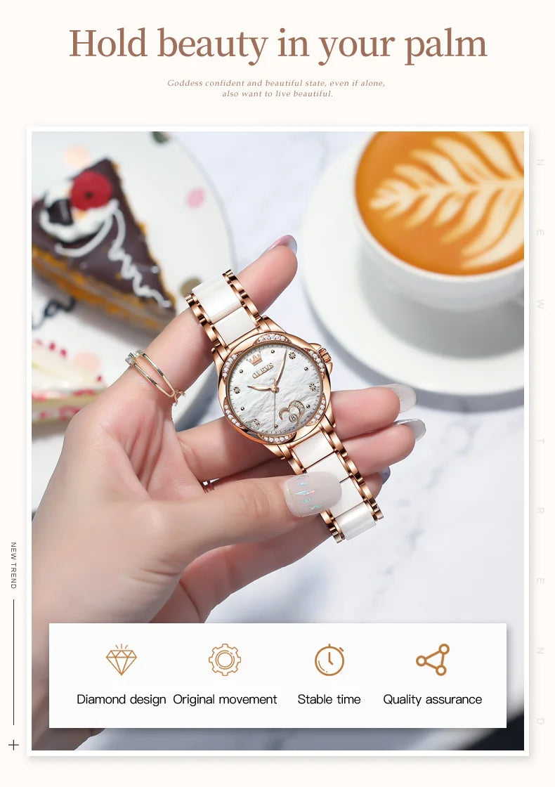 OLEVS 6631 Luxury Date Mechanical Watch For Women Original Ceramic Steel Strap Woman Wristwatch Deep Waterproof Dress Watches Brief Boxers