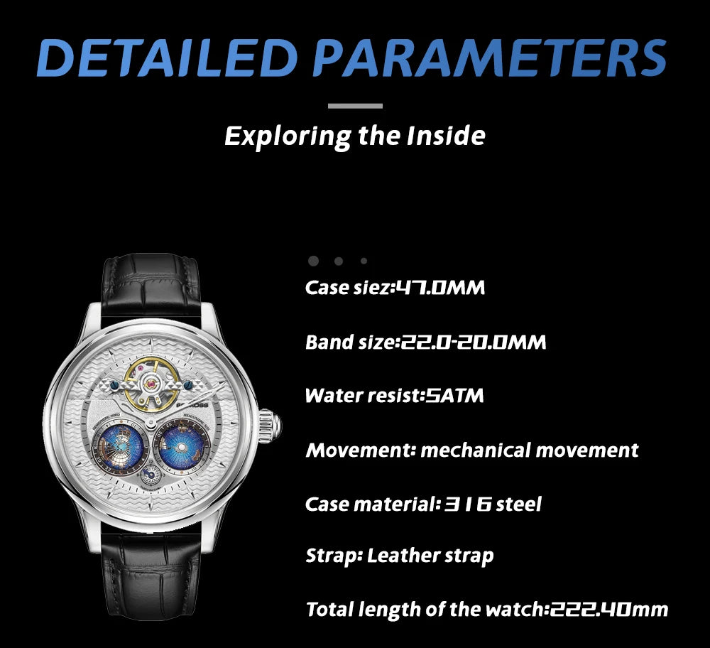 SEAKOSS 3D Luxury Double Earth Rotating Men's Mechanical Watch Automatic Movement Waterproof Clock Pilots Men 1963 Watches