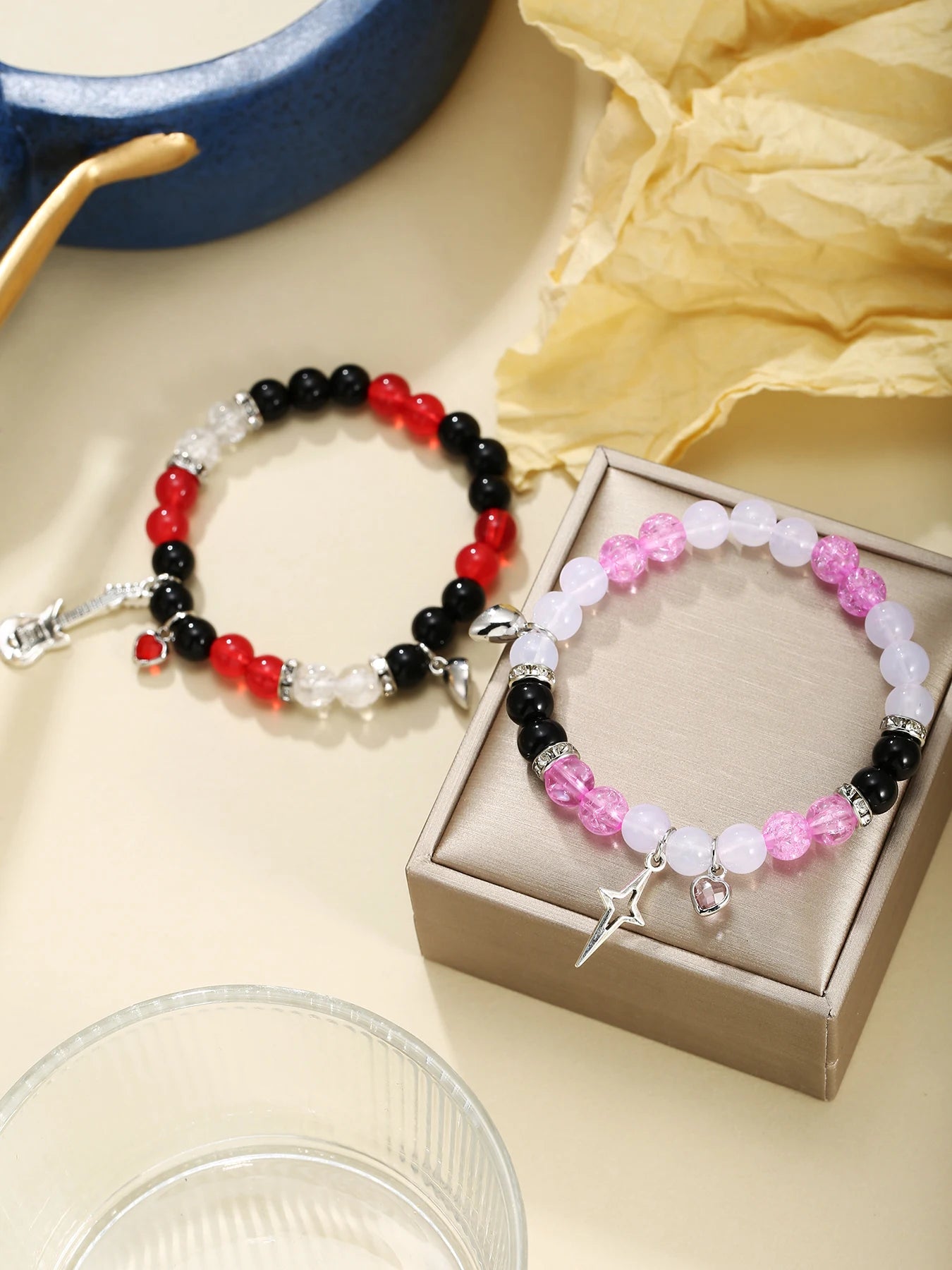 2 Pcs Magnetic Spider Bracelets, Couple Bracelet,Lover Bracelets, Energy Stone Beads, Animal Charm Bracelet GUITAR