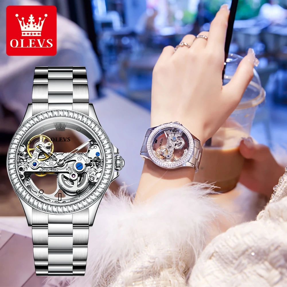 OLEVS 6699 Luxury Original Mechanical Watch For Women Hollow Skeleton Top Brand Wristwatch Waterproof Fashion Woman Watches 2024 Brief Boxers