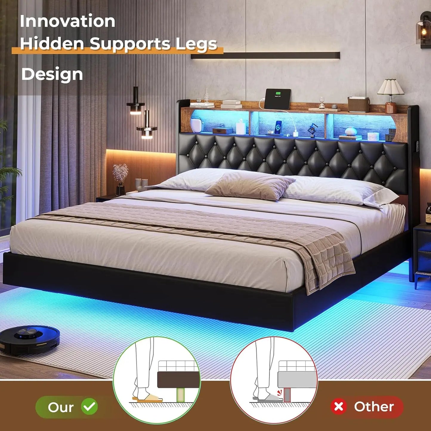 Floating Bed Frame, Floating Platform Bed with Charging Station with LED Lights & Storage Headboard, Modern LED Floating Bed