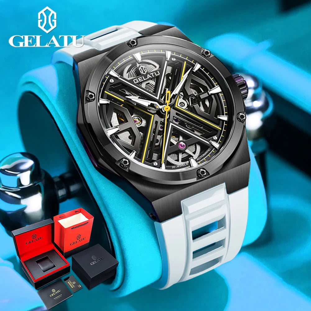 GELATU 6006 Original Deep Waterproof Man Mechanical Wristwatch Hollow Skeleton Sapphire Mirror Luxury Automatic Watch For Men Brief Boxers