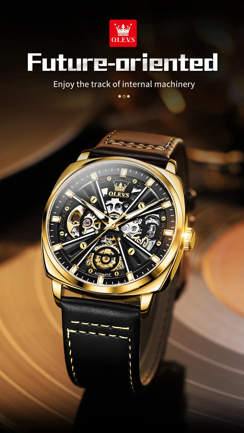 OLEVS 6685 Luxury Automatic Dress Wristwatch Hollow Skeleton Mechanical Watch For Men Waterproof Luminous Leather Man Watch 2024 Brief Boxers