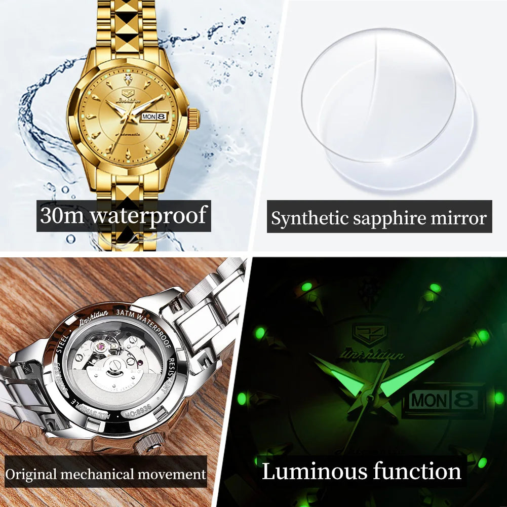 JSDUN 8936 Original Elegant Mechanical Woman Wristwatch Week Date Display Automatic Watch For Women Luxury Waterproof Watches Brief Boxers