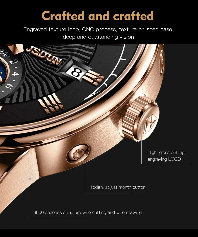 JSDUN 8909 Top Brand Mechanical Watch For Men 24 Hours Display Original Wristwatch Moon Phase Waterproof Classic Man Watches Brief Boxers