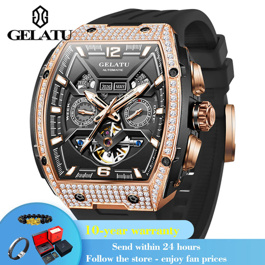 GELATU 6016 Diamond Hollow Man Mechanical Wristwatch Auto Date Deep Waterproof Watch For Men Luxury Silicone Strap Dress Watches Brief Boxers