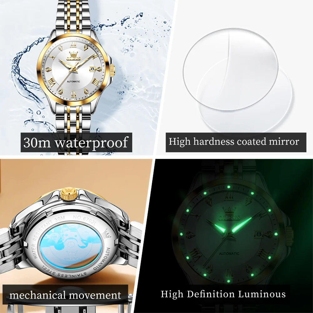 OLEVS 6702 Fashion Elegant Woman Mechanical Wristwatch Roman Scale Luminous Waterproof Watch For Woman Calendar Luxury Watches Brief Boxers