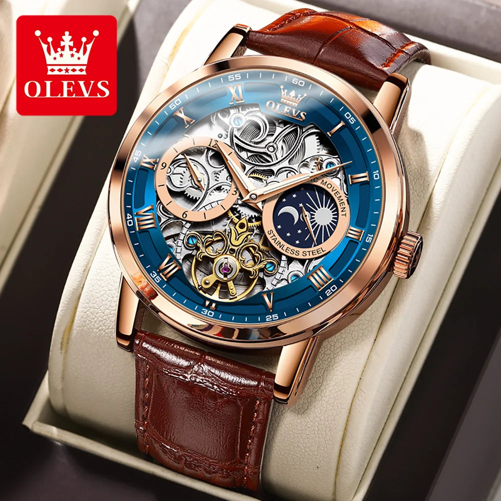 OLEVS 6670 Moon Phase Mechanical Watch For Men 44mm Big Dial Luxury Original Top Brand Man Watch Hollow Skeleton Leather Watches Brief Boxers