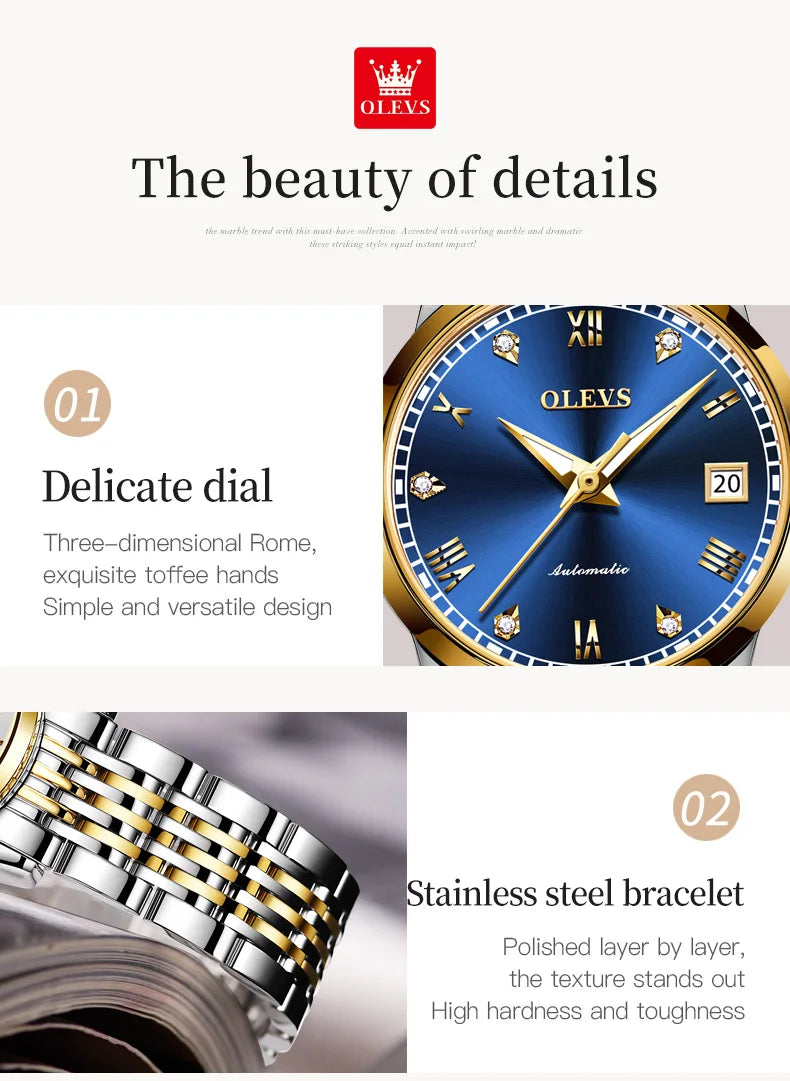 OLEVS 6602 Roman Scale Original Mechanical Watch For Women Auto Date Stainless Steel Wristwatch Luxury Waterproof Diamond Watch Brief Boxers