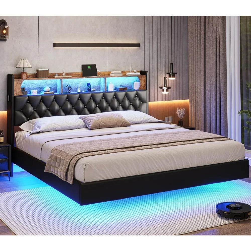 Floating Queen Bed Frame with LED Lights & Storage Headboard, Leather Upholstered Floating Platform Bed with Charging Station