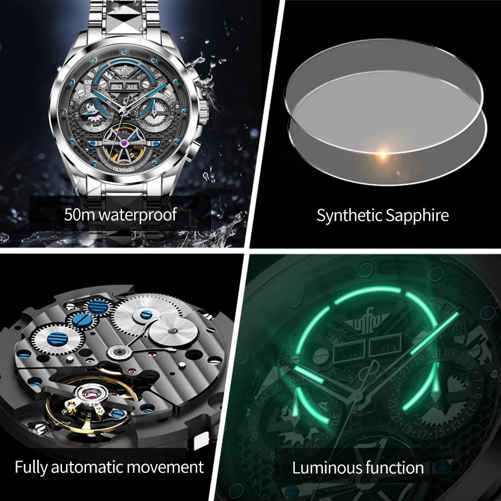 OUPINKE 3249 Top Brand Original Mechanical Watch For Men Hollow Skeleton Synthetic Sapphire Mirror Wristwatch Waterproof Watches Brief Boxers