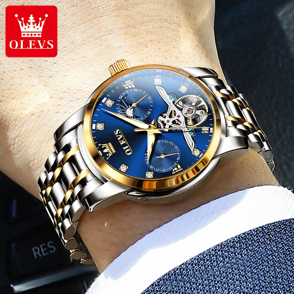 OLEVS 6703 Diamond Scale Luxury Mechanical Man Wristwatch Hollow Skeleton Luminous Waterproof Watch For Men Moon Phase Watches Brief Boxers