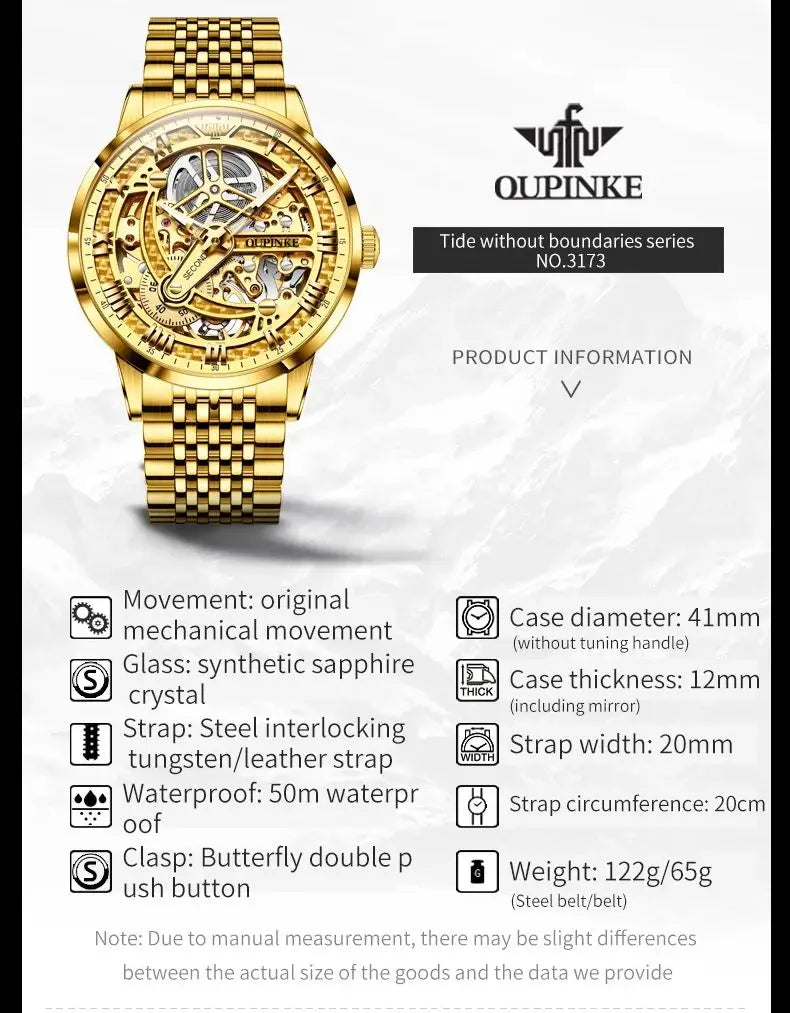 OUPINKE 3173 Luxury Gold Mechanical Watch For Men Hollow Top Brand Original Automatic Wristwatch 50M Waterproof Luminous Watches Brief Boxers