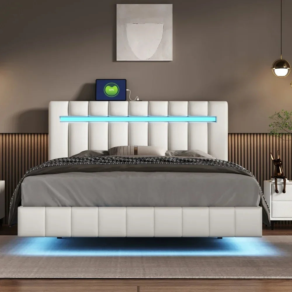 Queen Size Floating Bed Frame with LED Lights and USB Charging,Modern Upholstered Platform LED Bed Frame No-Noise Design