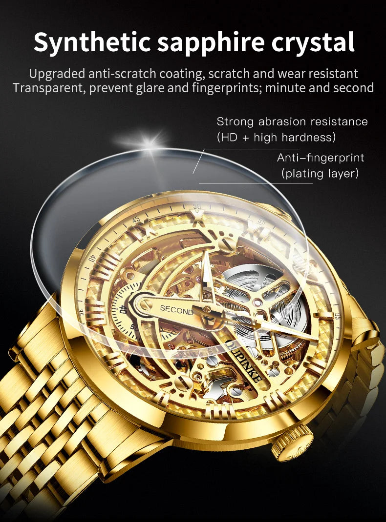 OUPINKE 3173 Luxury Gold Mechanical Watch For Men Hollow Top Brand Original Automatic Wristwatch 50M Waterproof Luminous Watches Brief Boxers