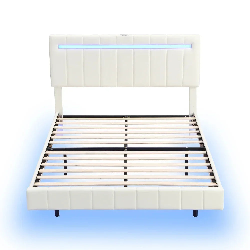 Queen Size Floating Bed Frame with LED Lights and USB Charging,Modern Upholstered Platform LED Bed Frame No-Noise Design