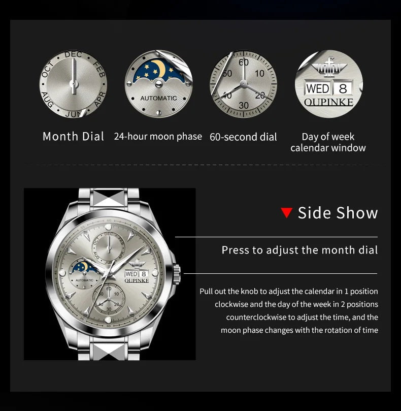 OUPINKE 3299 Moon Phase Fashion Automatic Mechanical Watch For Men Week Date Display Deep Waterproof Wristwatch Dress Watches Brief Boxers