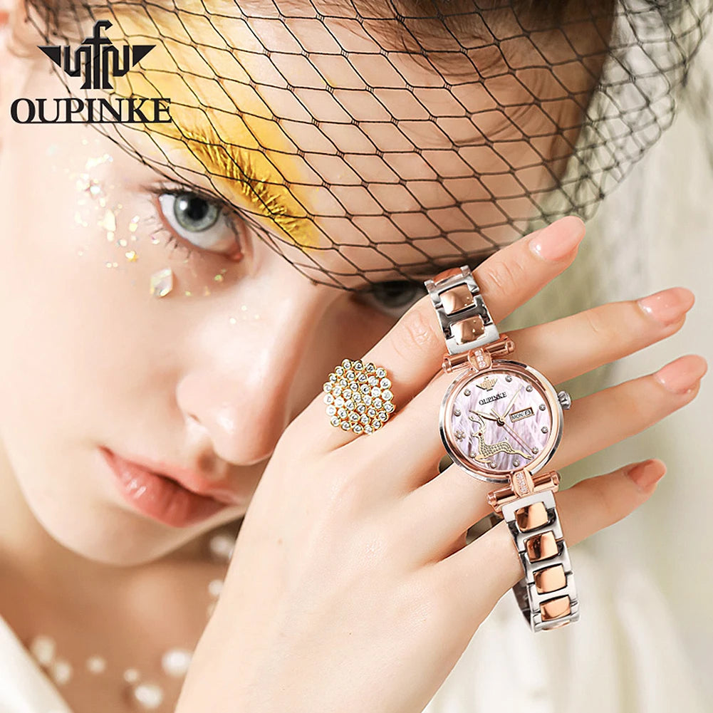 OUPINKE 3180 Automatic Mechanical Watch For Women Top Brand Luxury Dual Calendar Ladies Wristwatch 50M Waterproof  Dress Watches Brief Boxers