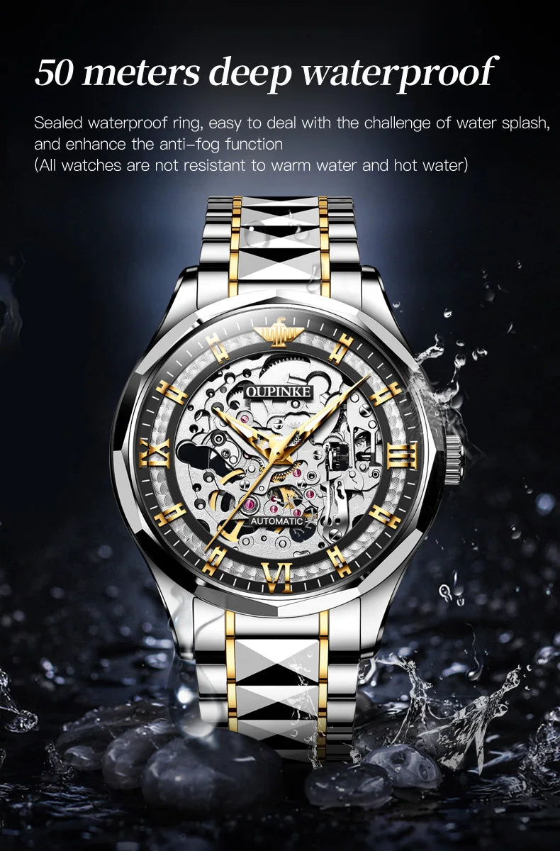 OUPINKE 3209 Deep Waterproof Mechanical Watch For Men Hollow Skeleton Luminous Fashion Wristwatch Roman Scale Business Man Watch Brief Boxers