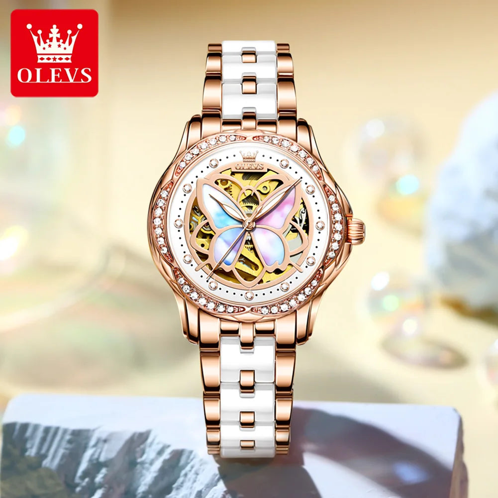 OLEVS 6615 Hollow Dress Mechanical Watch For Women Butterfly Dial Luminous Fashion Wristwatch Deep Waterproof Woman Watches Brief Boxers