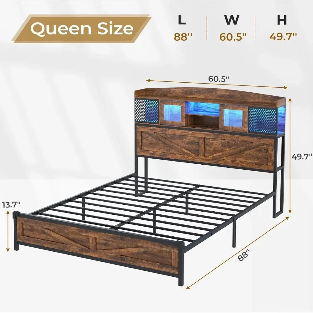 Bed Frame with Headboard Storage & Charging Station, LED Bed Frame Full/Queen/King Size with Shelves & Sliding Doors