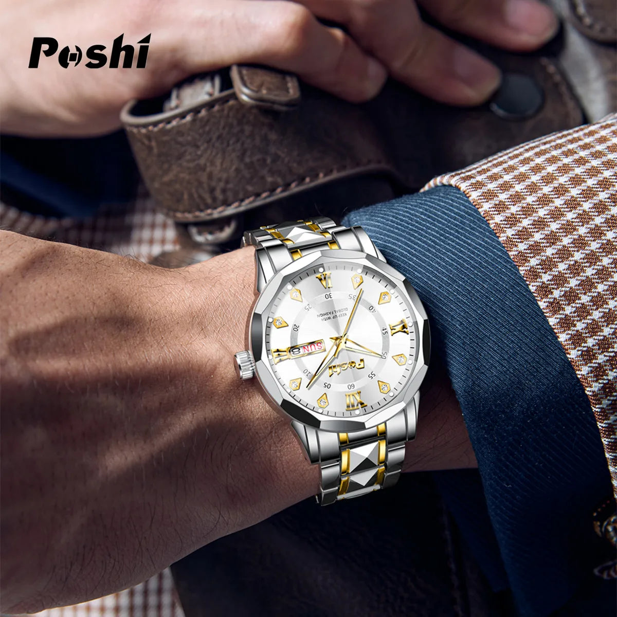 POSHI Men's Watch Date Week Fashion Watch Men Original Waterproof Non-mechanical Luminous Dual Calendar Quartz Wristwatch Brief Boxers