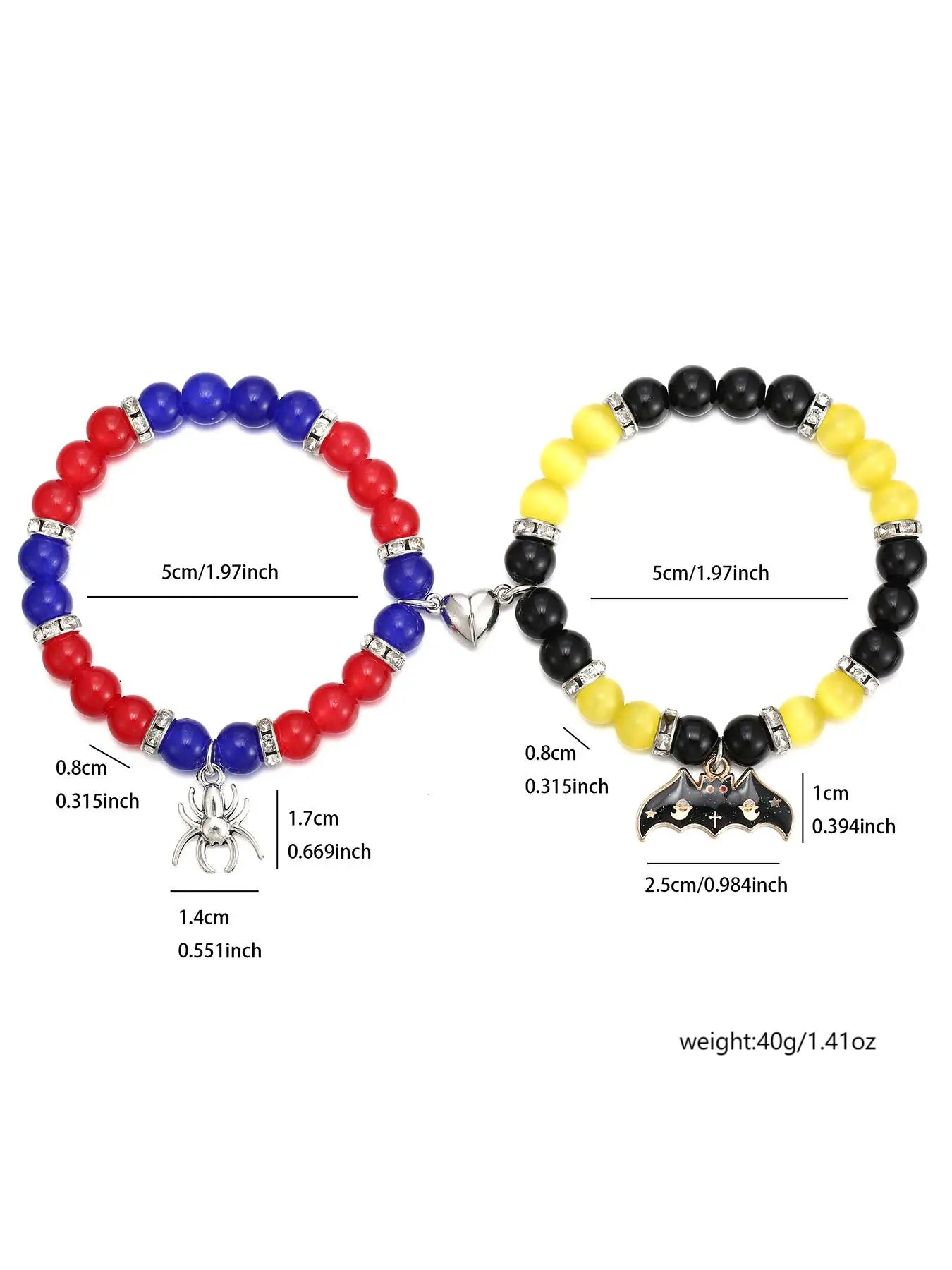 2 Pcs of Couples Fashion All-matching Yellow and Red Beaded Bracelets Pendant Elastic Retractable Heart Shape Magnetic Bracelets