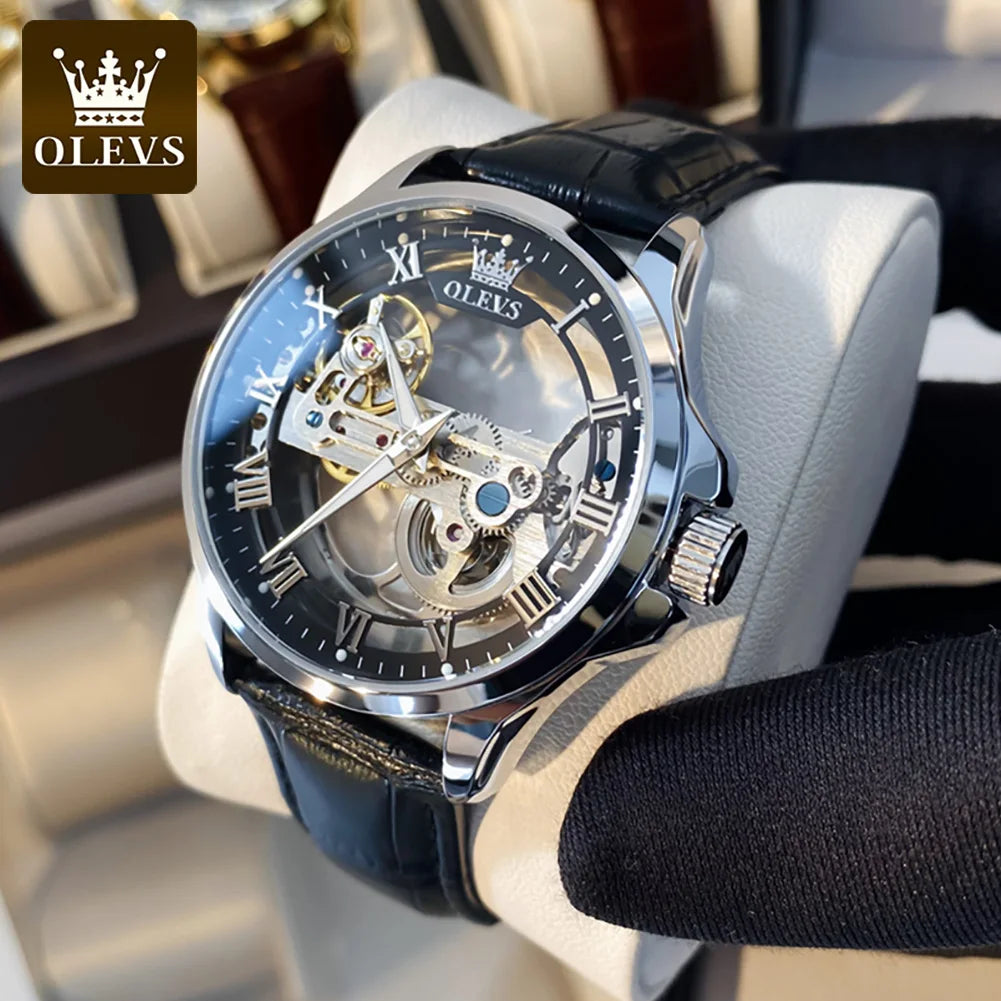 OLEVS 6661 Top Brand Automatic Mechanical Watch For Men Hollow Skeleton Roman Scale Man Watches Waterproof Business Wrist Watch Brief Boxers