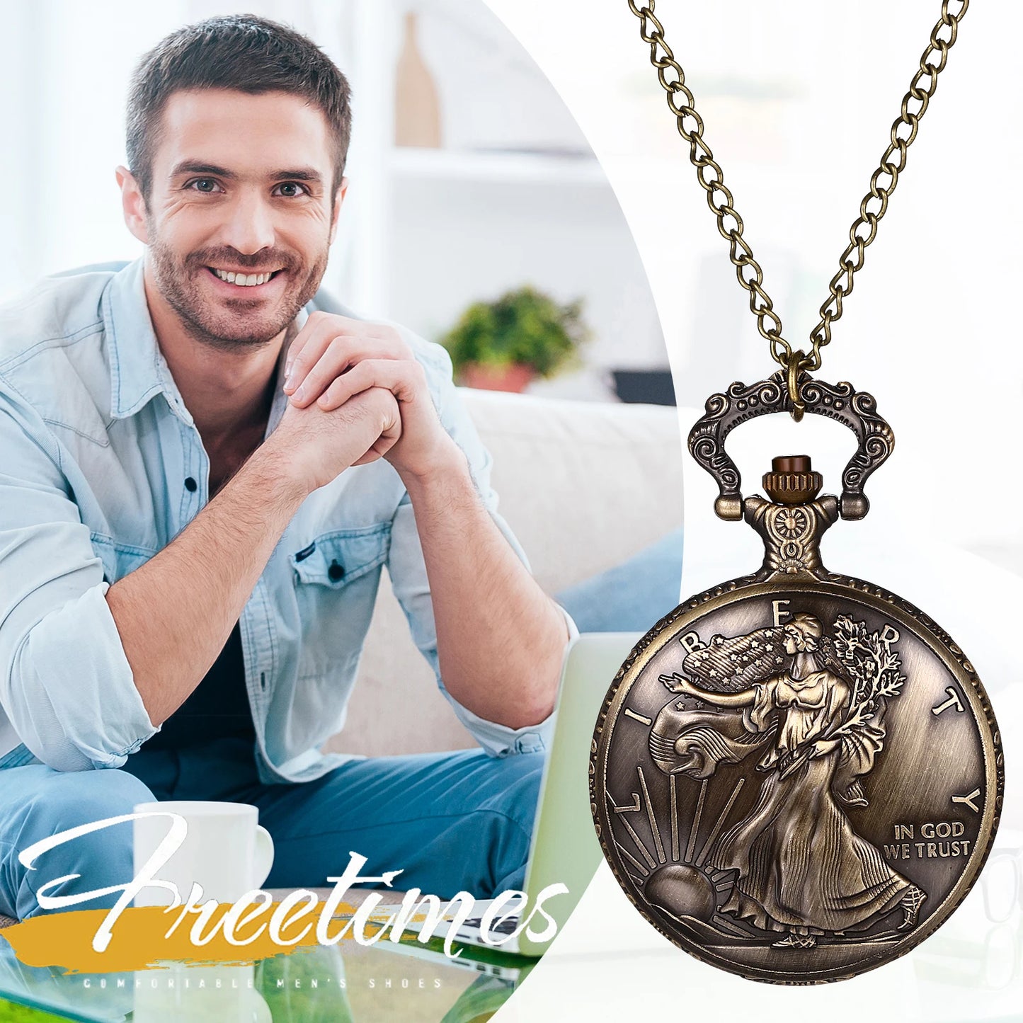 LANCARDO Vintage Bronze American Statue of Liberty Quartz Pocket Watch Chain Unisex Men's Sweater Chain Necklace Pocket Watch