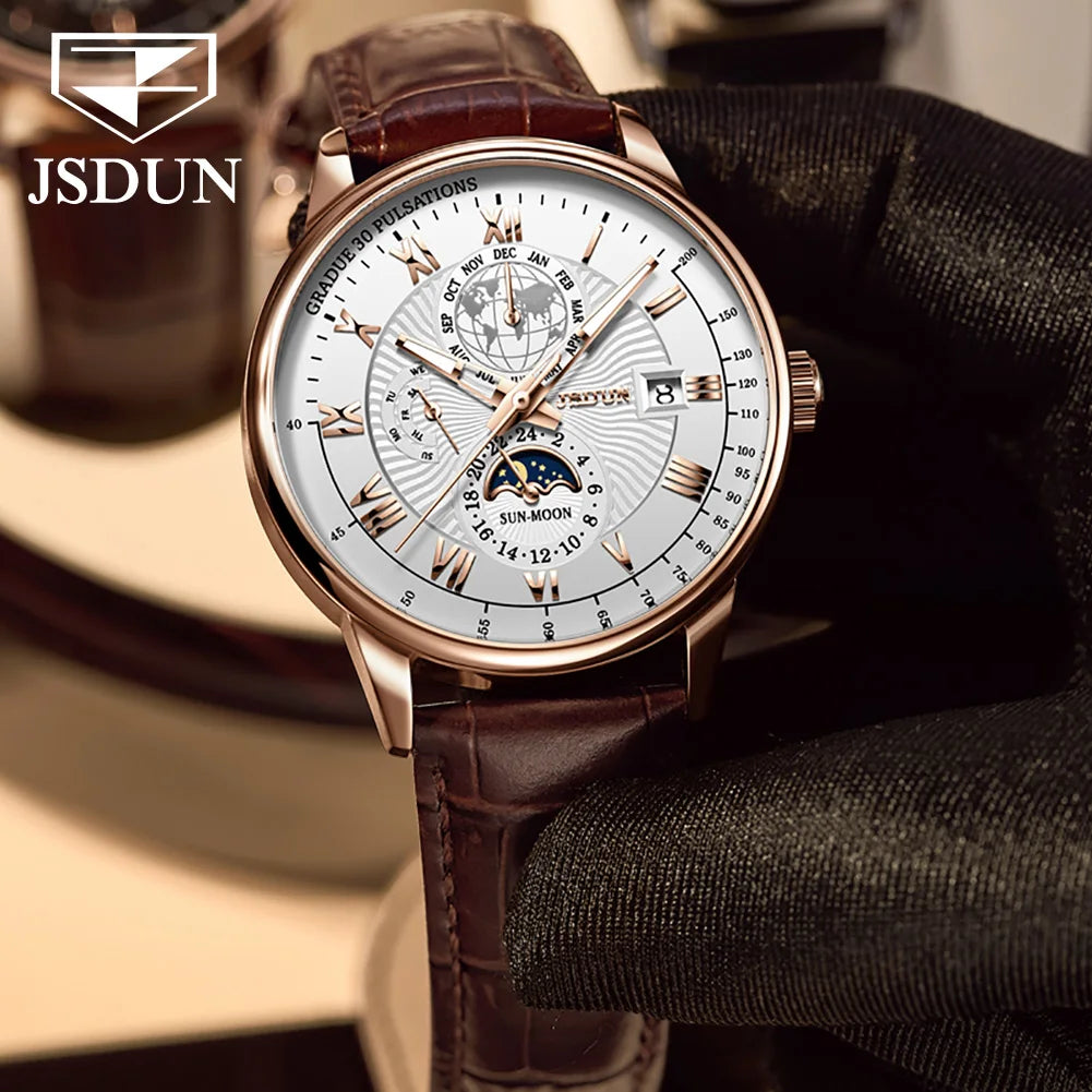 JSDUN 8909 Top Brand Mechanical Watch For Men 24 Hours Display Original Wristwatch Moon Phase Waterproof Classic Man Watches Brief Boxers