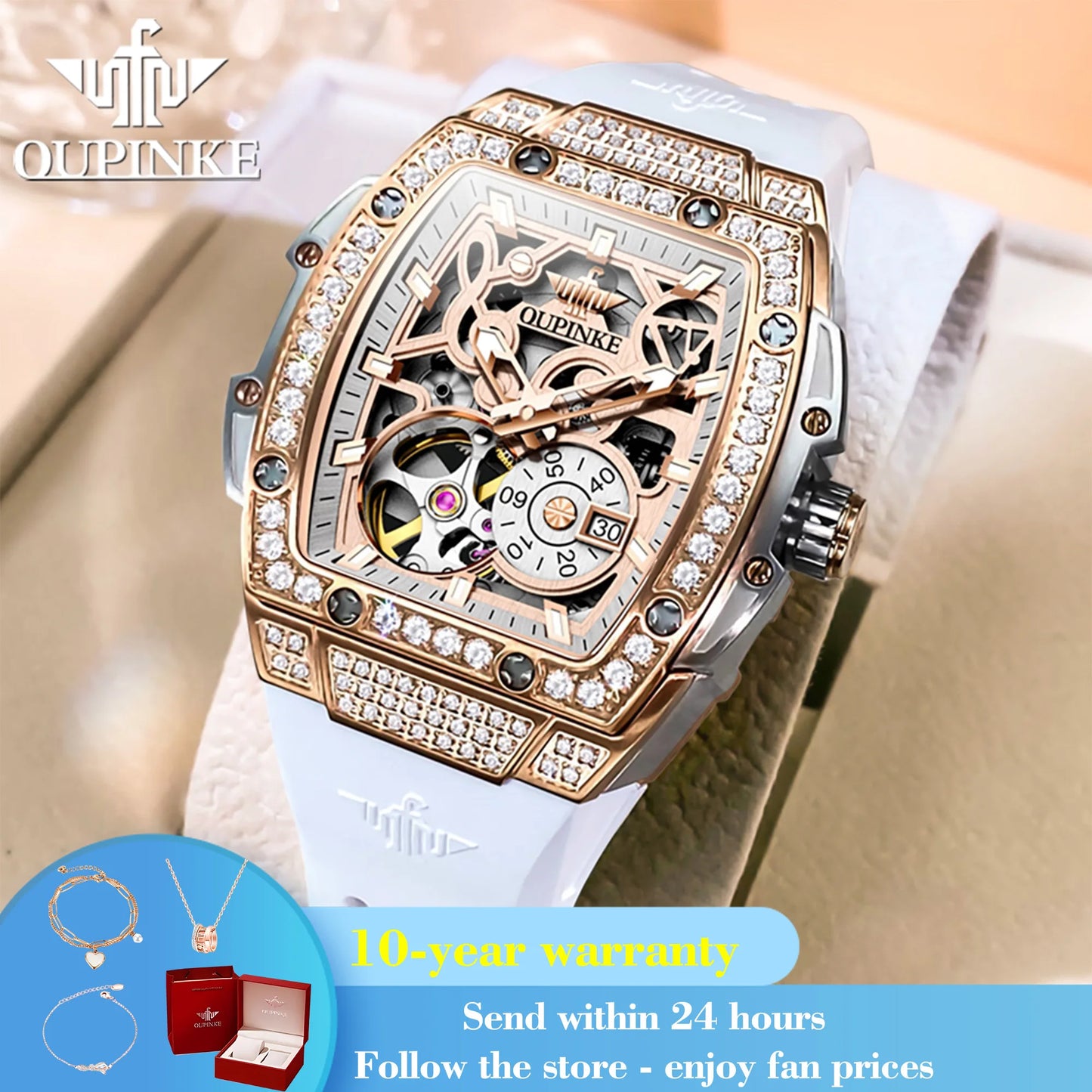 OUPINKE 3220 Flywheel Skeleton Mechanical Watch For Women Diamond Luxury Silicone Strap Wristwatch Sapphire Mirror Dress Watch Brief Boxers