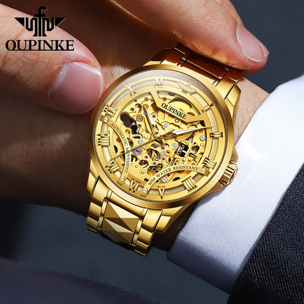 OUPINKE 3210 Business Hollow Mechanical Watch For Men Waterproof Automatic Wristwatch Luminous Roman Scale Original Man Watches Brief Boxers