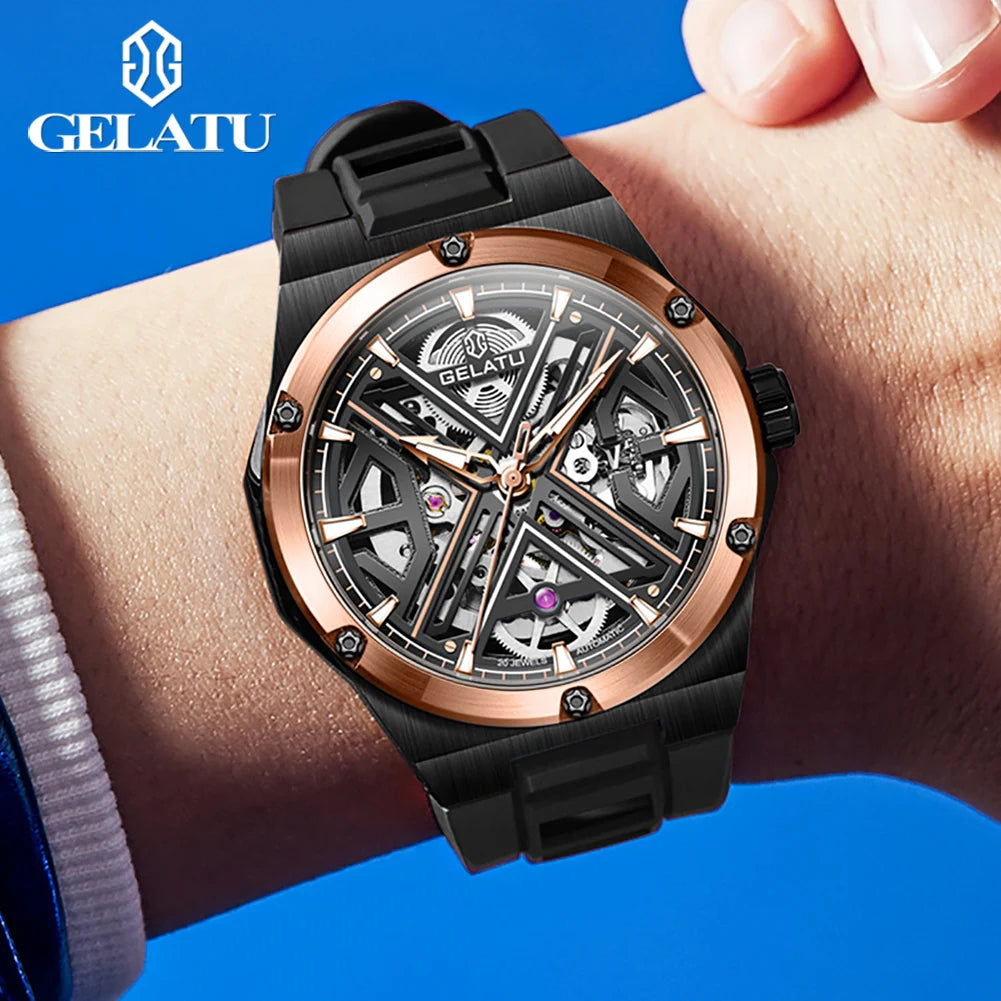 GELATU 6006 Original Deep Waterproof Man Mechanical Wristwatch Hollow Skeleton Sapphire Mirror Luxury Automatic Watch For Men Brief Boxers