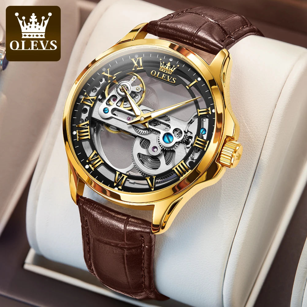 OLEVS 6661 Top Brand Automatic Mechanical Watch For Men Hollow Skeleton Roman Scale Man Watches Waterproof Business Wrist Watch Brief Boxers