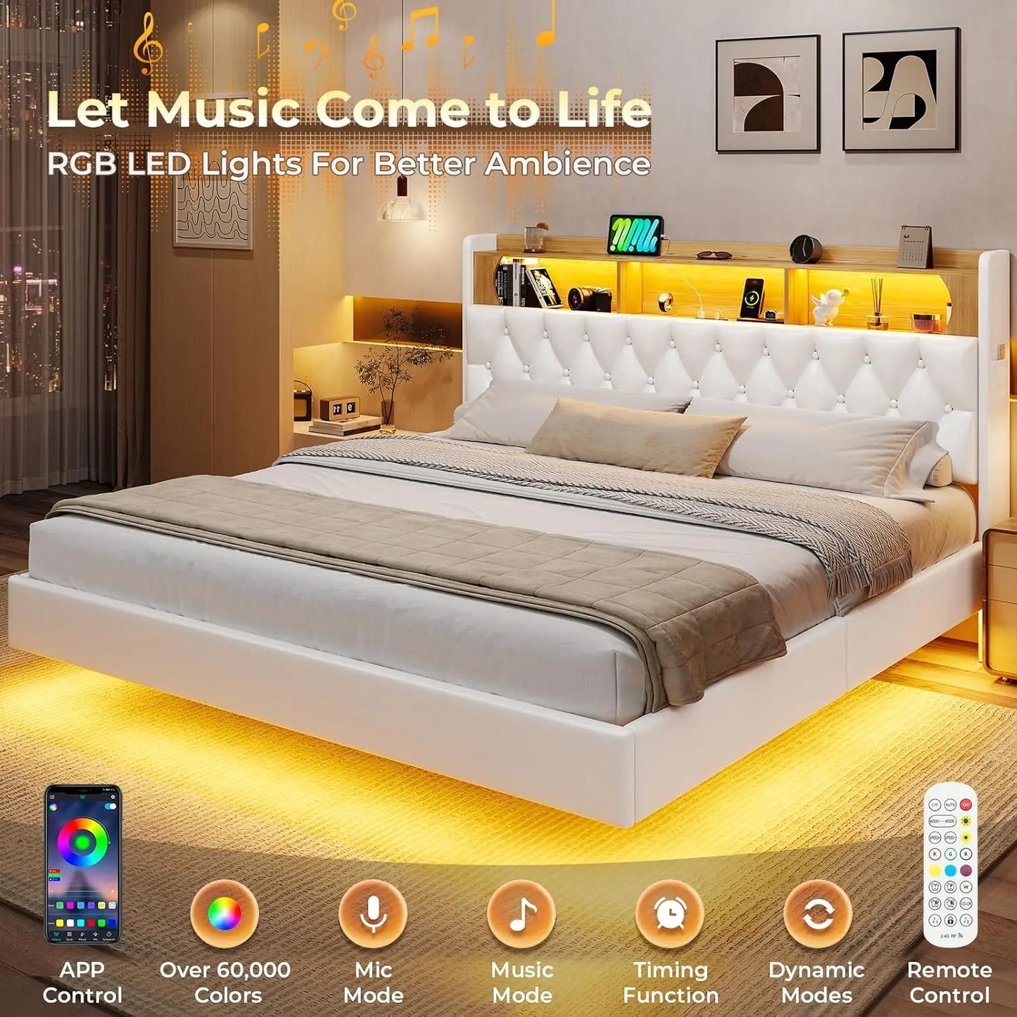 Floating Bed Frame, Floating Platform Bed with Charging Station with LED Lights & Storage Headboard, Modern LED Floating Bed