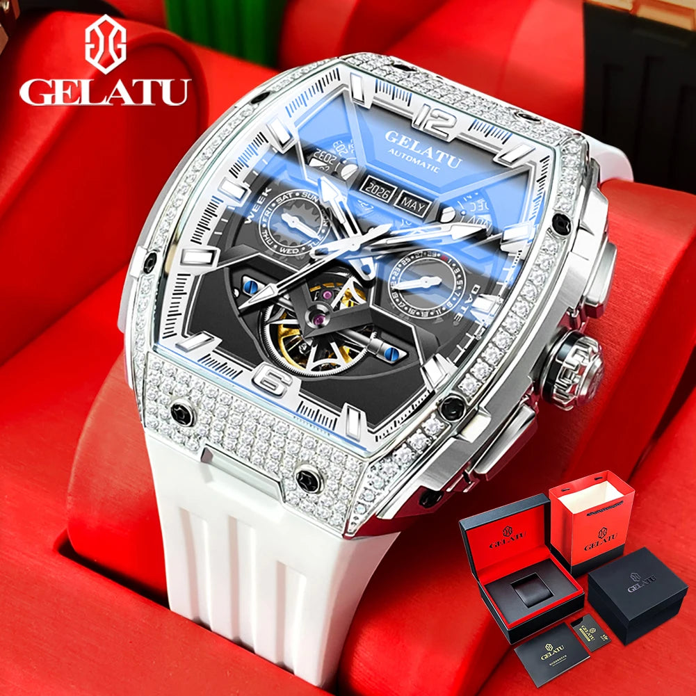 GELATU 6016 Diamond Hollow Man Mechanical Wristwatch Auto Date Deep Waterproof Watch For Men Luxury Silicone Strap Dress Watches Brief Boxers