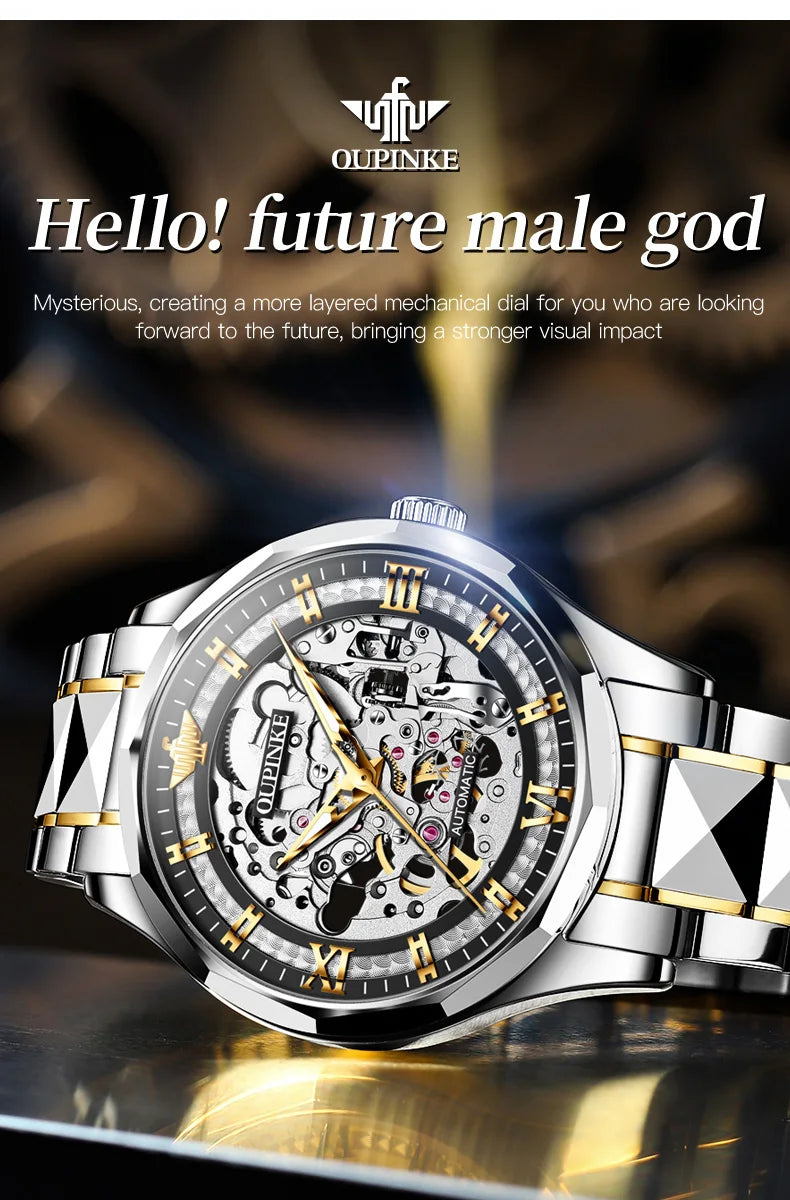 OUPINKE 3209 Deep Waterproof Mechanical Watch For Men Hollow Skeleton Luminous Fashion Wristwatch Roman Scale Business Man Watch Brief Boxers