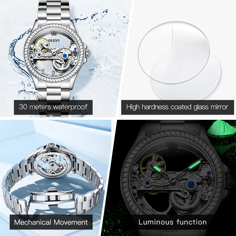 OLEVS 6699 Luxury Original Mechanical Watch For Women Hollow Skeleton Top Brand Wristwatch Waterproof Fashion Woman Watches 2024 Brief Boxers