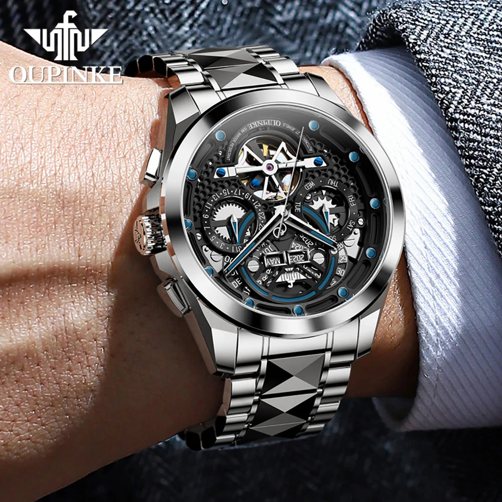 OUPINKE 3249 Top Brand Original Mechanical Watch For Men Hollow Skeleton Synthetic Sapphire Mirror Wristwatch Waterproof Watches Brief Boxers